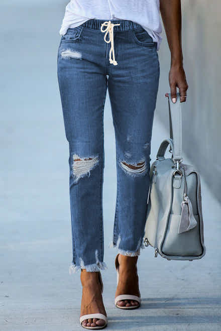 Dunkelblaue elastische Taille, gerade Beine zerstörte Rohsaum-Jeans