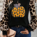 Khaki Leopard Sleeve Pumpkin Print Graphic Knit Top - Foto 1