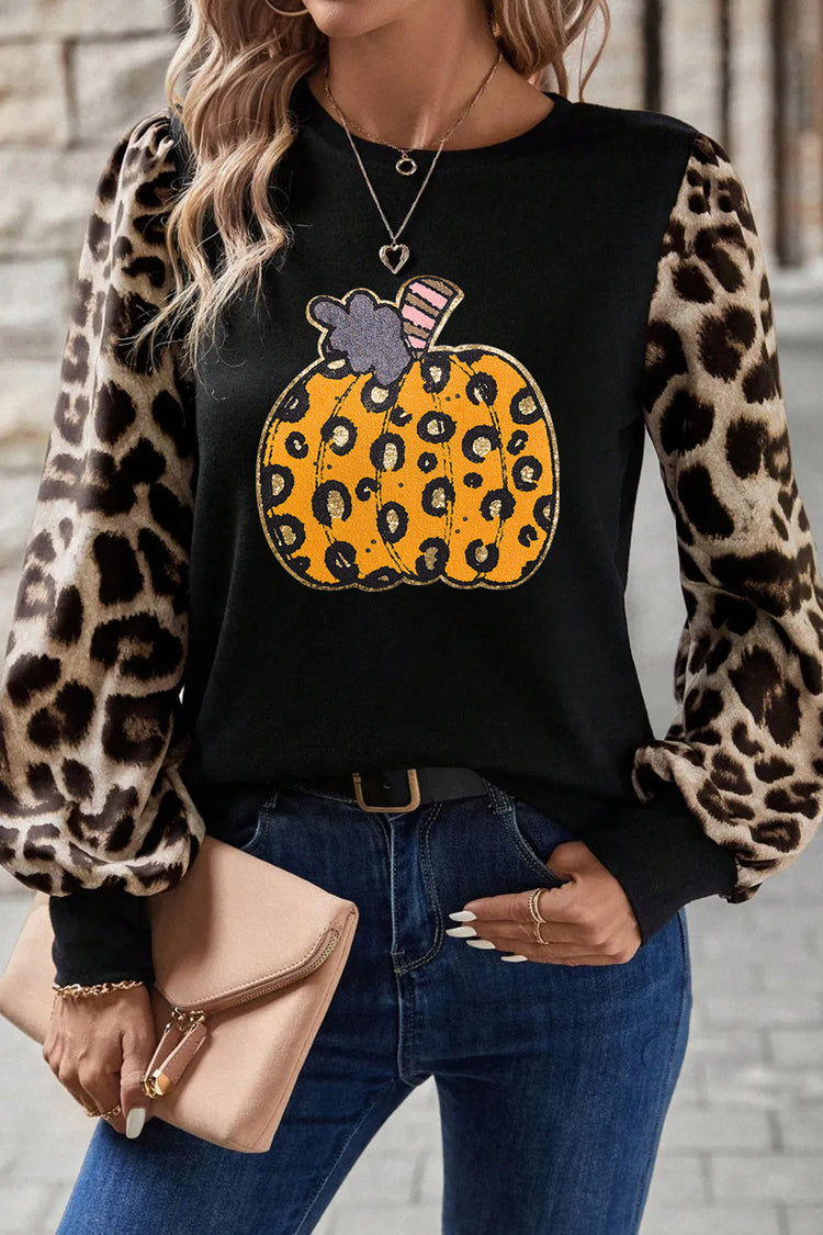Khaki Leopard Sleeve Pumpkin Print Graphic Knit Top - Damesmode