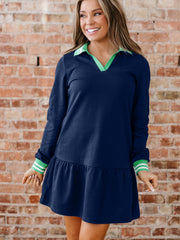 Navy Blue Contrast Striped Cuffs Polo Collar Patchwork Long Sleeve Ruffle Hem Mini Dress - Miniatuur