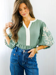 Smoke Green Color Block Patchwork V Neck Embroidered Puff Sleeve Babydoll Blouse - Miniatuur