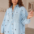 Sky Blue Stars Pattern Long Sleeve Shirt Collar Denim Jacket - Thumbnail