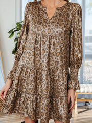 Khaki Leopard Print V Neck Ruffled Sleeve Tiered Loose Mini Dress - Miniatuur