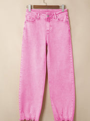 Pink Acid Wash High Waist Uneven Raw Hem Shift Jeans - Miniatuur