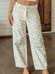 Beige Grommet Knot Waist Floral Barrel Leg Jeans - Damesmode Afbeelding 4 - Miniatuur