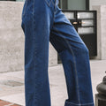 Dettagli cuciti blu vela in vita Pantaloni larghi con polsini - Foto 3