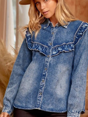 Dusk Blue Vintage Wash Denim Rüschen-Detail Hemd mit Knöpfen - Miniatuur