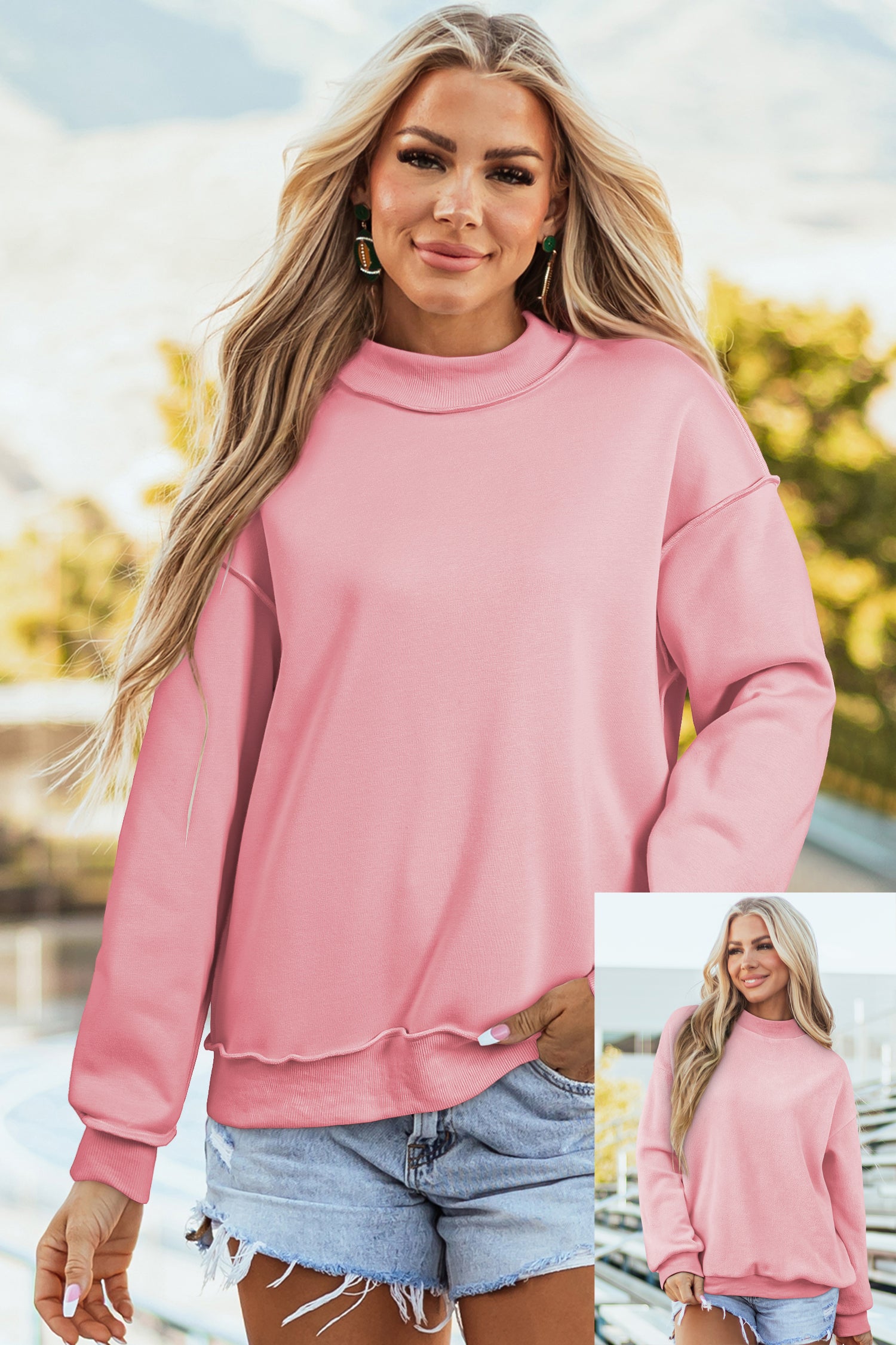 Sweat-shirt bleu foncé oversize, épaule tombante et réversible, col montant,
