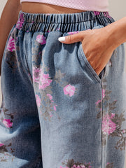 Beau Blue Floral Print Elastic Waist Pull On Casual Jeans - Damesmode Afbeelding 7 - Miniatuur