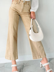 Red Sandalwood Solid Color Seamed Center Wide Leg Cropped Jeans - Miniatuur