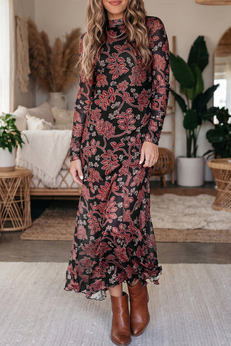 Black Retro Floral Print Long Sleeve Casual Mesh Dress - Damesmode Afbeelding 1 - Damesmode