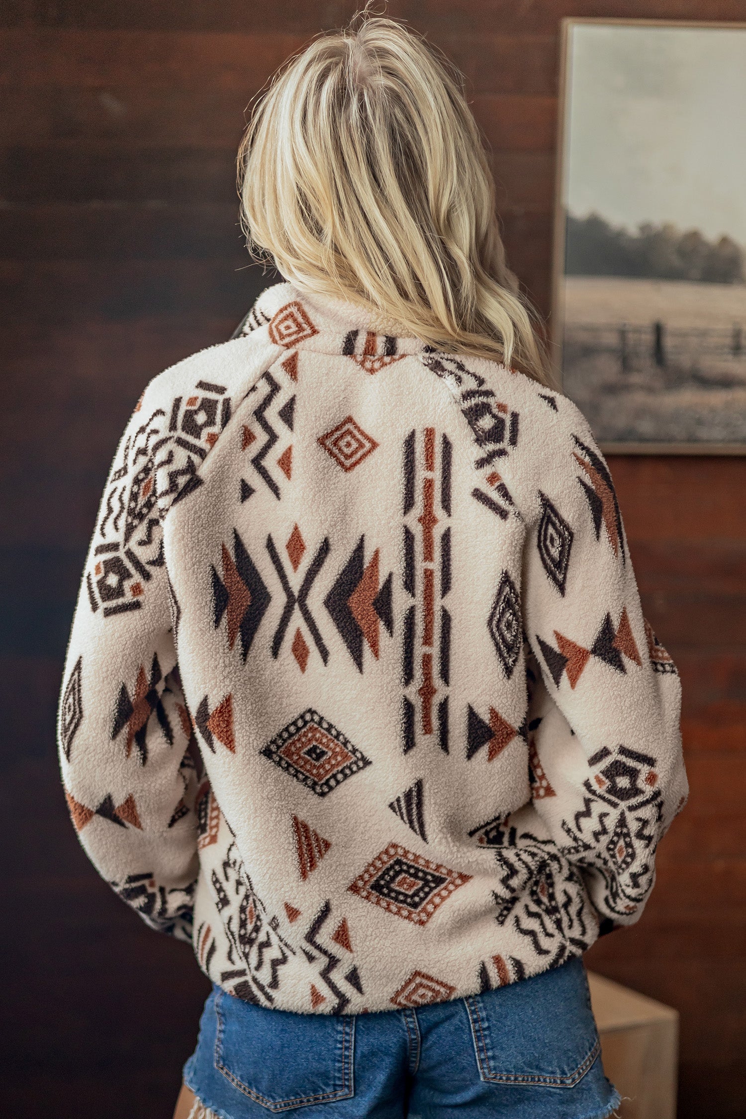 Beige Geometric Print Long Sleeve Shirt Collar Zip-up Placket Binding Tape Jacket - Damesmode Afbeelding 2