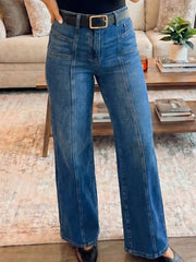 Himmelblaue Schnitt-Naht-Detail Damen-Shift-Jeans - Miniatuur