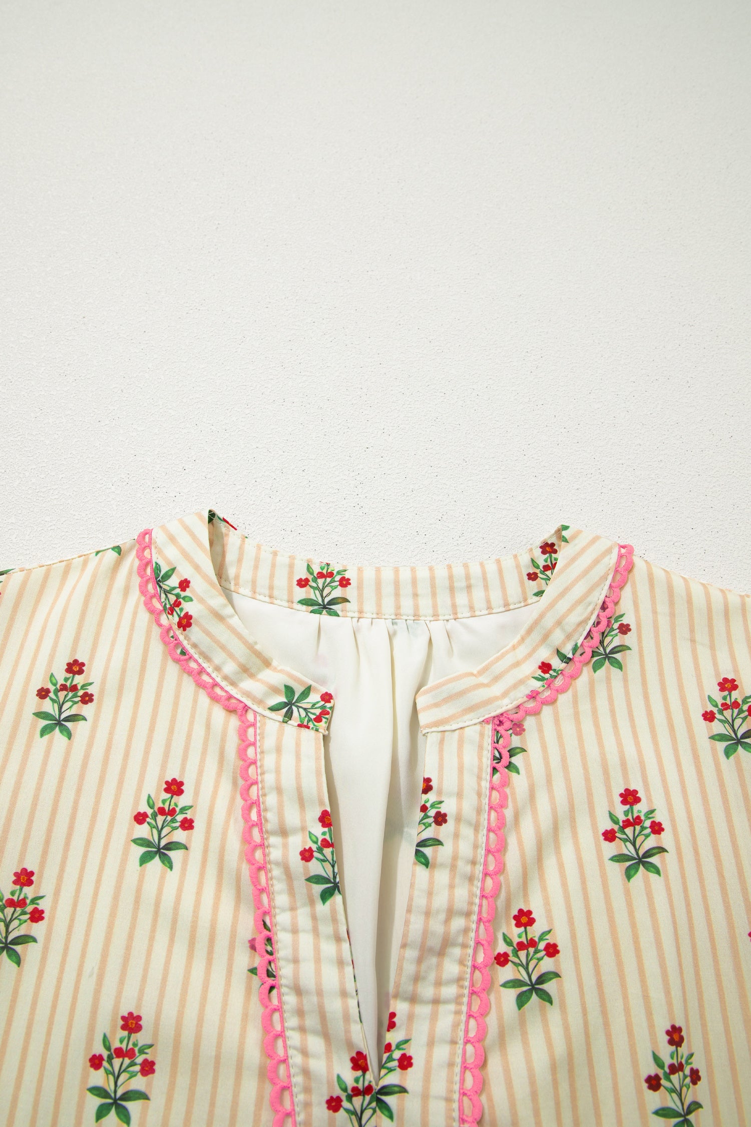 Apricot Striped Floral Print Contrast Detail Ruffle Hem Short Dress - Damesmode Afbeelding 5