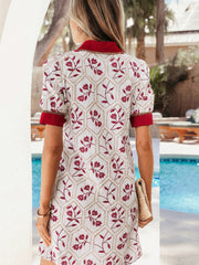 Red Geometric Floral Print Lace Trim Collared Short Sleeve Mini Dress - Miniatuur