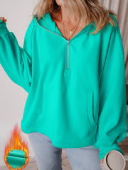 Aruba Blue Fleece Lined Half Zipper Kangaroo Pockets Loose Hoodie - Damesmode Afbeelding 1 - Miniatuur