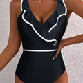 Black Color Contrast Ruffled Wrap V Neck Swimsuit - Damesmode Afbeelding 1 - Foto 1