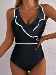 Costume da bagno nero a V con volant e volant - Damesmode Afbeelding 1 - Miniatuur