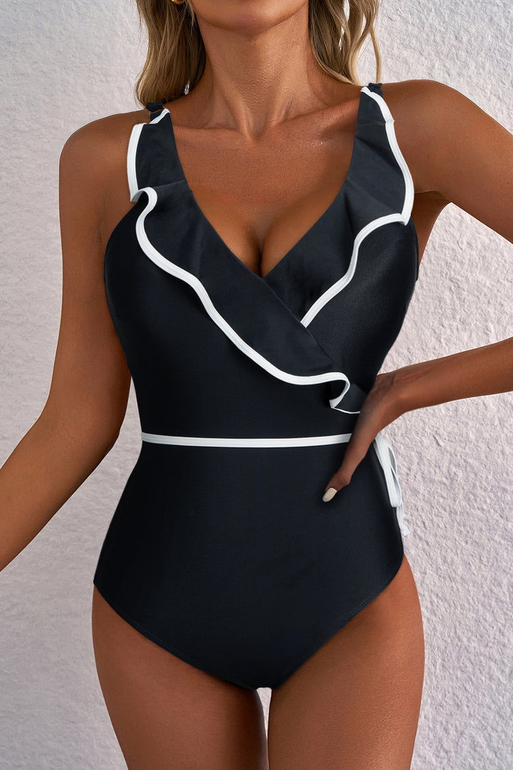 Black Color Contrast Ruffled Wrap V Neck Swimsuit - Damesmode Afbeelding 1 - Damesmode