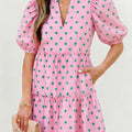 Pink Polka Dot Print V Neck Short Sleeve Tiered Mini Dress - Foto 2