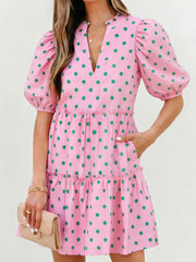 Pink Polka Dot Print V Neck Short Sleeve Tiered Mini Dress - Miniatuur