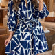 Blauw Abstract Geometric Print Zip Front Tie Waist Shift Jurk