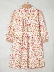 Orangefarbener Floral-Print Farbblock-Kanten-Hemd mit 3/4-Ärmeln, Mini-Gürtel-Kleid - Miniatuur