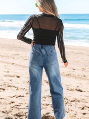 Stone Blue Star Patchwork Cropped Wide Leg High Waist Jeans - Miniatuur