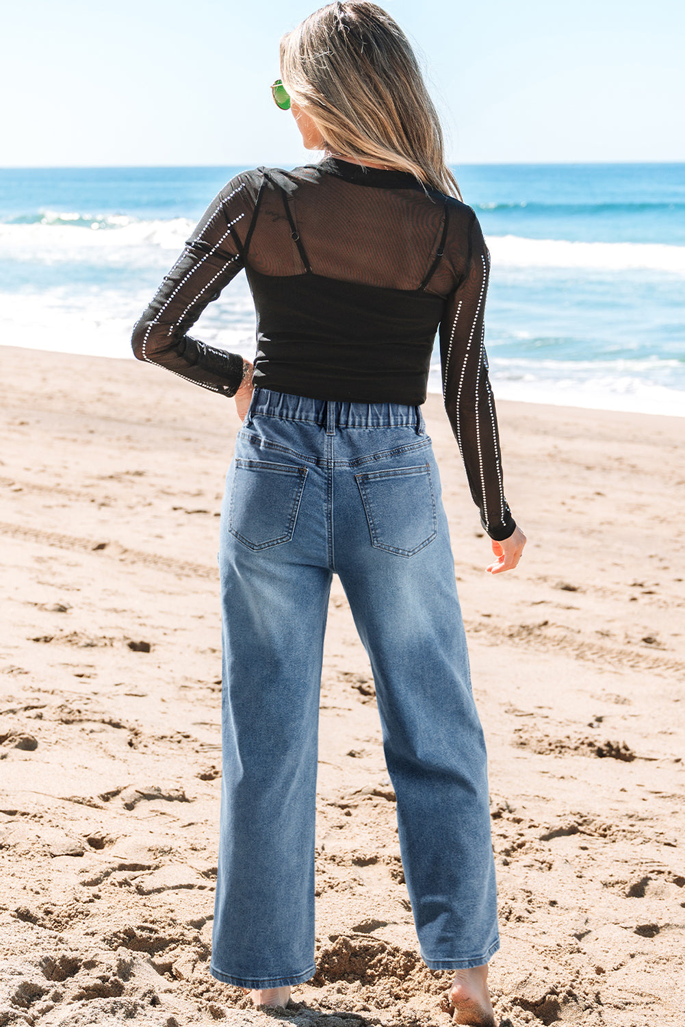Stone Blue Star Patchwork Cropped Wide Legs High Waist Jeans