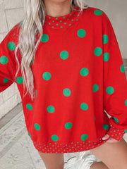 Felpa a Pois Marroni con Contrasto Dettaglio Contrasto Sweatshirt Oversize - Miniatuur