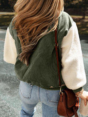Nebelgrüne Cord-Fleece-Patchwork-Bomberjacke mit Knöpfen - Miniatuur