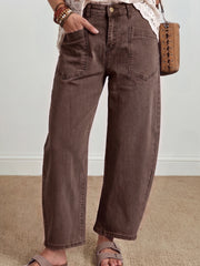 Vaqueros Beau Blue Solid Color Square Patch Pocket hasta el tobillo - Damesmode Afbeelding 4 - Miniatuur