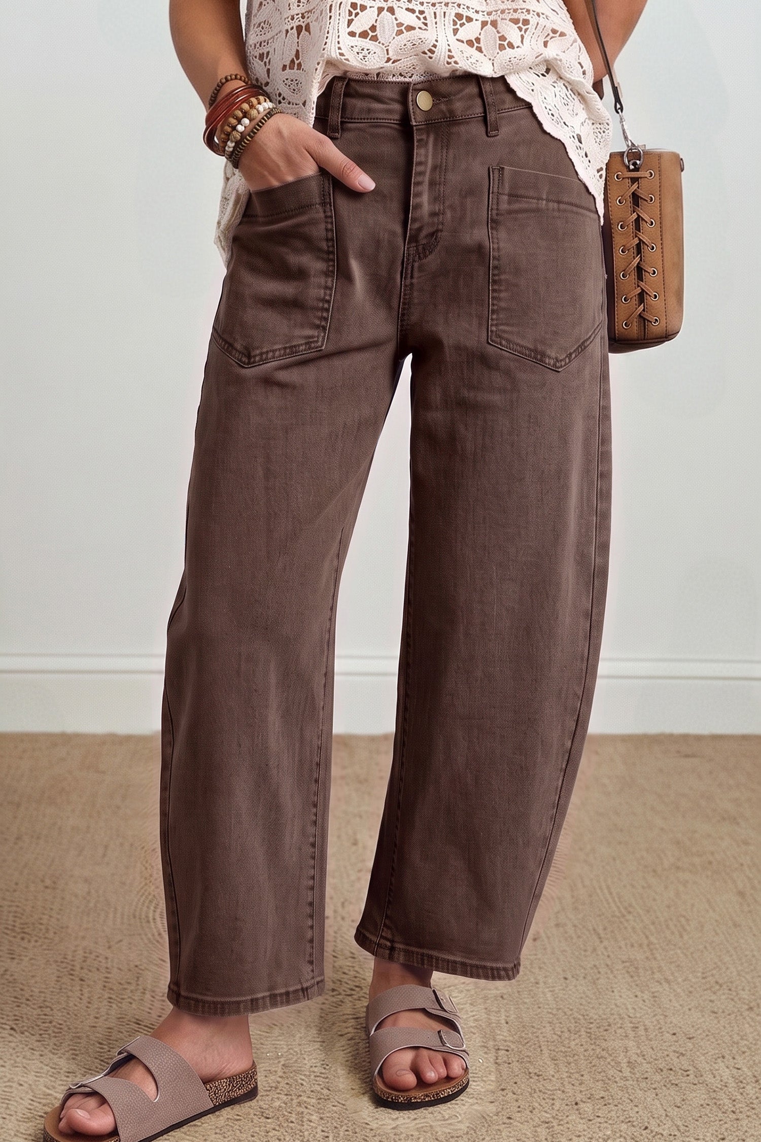 Beau Blue Solid Color Square Patch Pocket Ankle-length Barrel Jeans - Damesmode Afbeelding 4