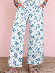 Jeans à motif floral bleu ciel, taille à cravate, jambe droite - Miniatuur