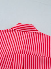 Chemise boutonnée rayée rouge Manches longues à poches patch Chemise décontractée - Miniatuur