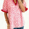 Pink Stripe Ruffled Trim V Neck Leopard Print Short Sleeve Blouse - Foto 1