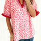 Roze Stripe met Ruchesd Trim V-Hals Luipaardprint Print met Korte Mouwen Elegante Blouse