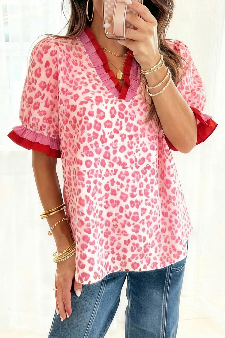 Pink Stripe Ruffled Trim V Neck Leopard Print Short Sleeve Blouse - Damesmode