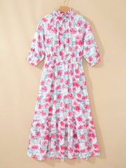 Red Elegant Floral Puff Sleeve Midi Dress - Miniatuur
