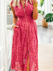 Robe sans manches en dentelle florale corail à fermeture éclair, encol en V et taille smock - Miniatuur