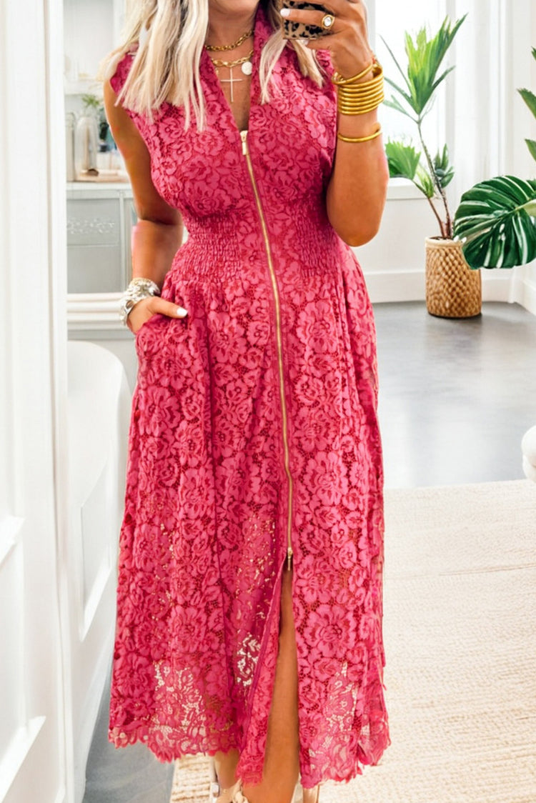Coral Floral Lace Overlay Zip Up V Neck Smocked Waist Sleeveless Dress - Damesmode