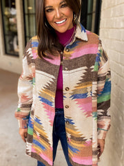 White Aztec Print Button Up Shacket - Miniatuur