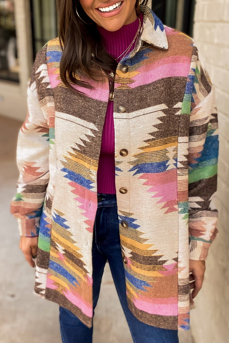 White Aztec Print Button Up Shacket - Damesmode