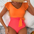 Vitality Orange Color Block Ruffled Knotted Backless One Piece Swimsuit - Foto 6