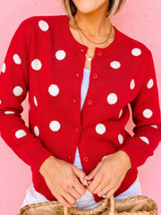 Feuriges rotes, lässiger Pullover-Cardigan mit Polka-Punkten und Langarmen vorne - Miniatuur