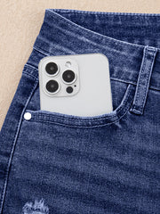Echte türkisfarbene, gefaltete Manschetten, gerade, hoch taillengeschnittene Jeans - Miniatuur