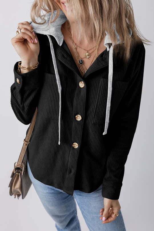Tasche nere con cappuccio con cordino a coste Shacket - Moda femminile Immagine 1