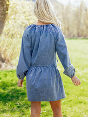 Myosotis Puff Sleeve V Neck Ruffled Loose Denim Mini Dress - Miniatuur