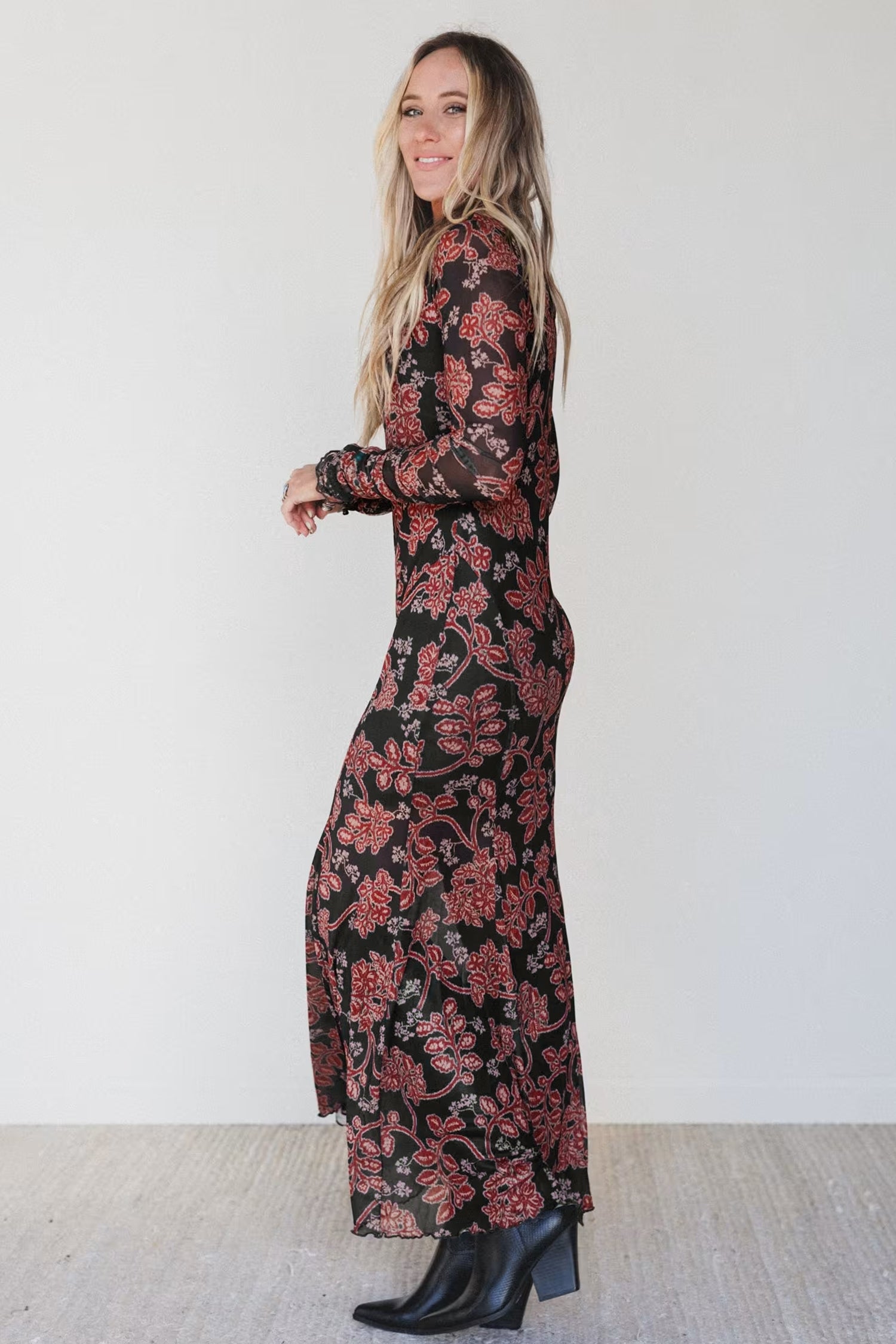 Black Retro Floral Print Long Sleeve Casual Mesh Dress - Women's Fashion Image 5