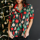 Green Christmas Fashion Print Contrast Trim Frilled Neck Short Sleeve Blouse - Thumbnail